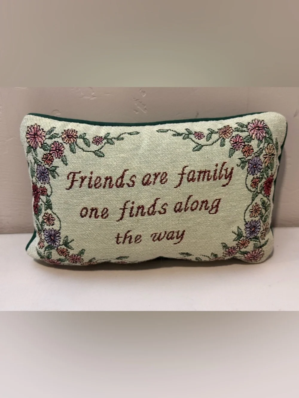 Vintage pillow tapestry cushion Friends are Family One Finds Along The Way Flora